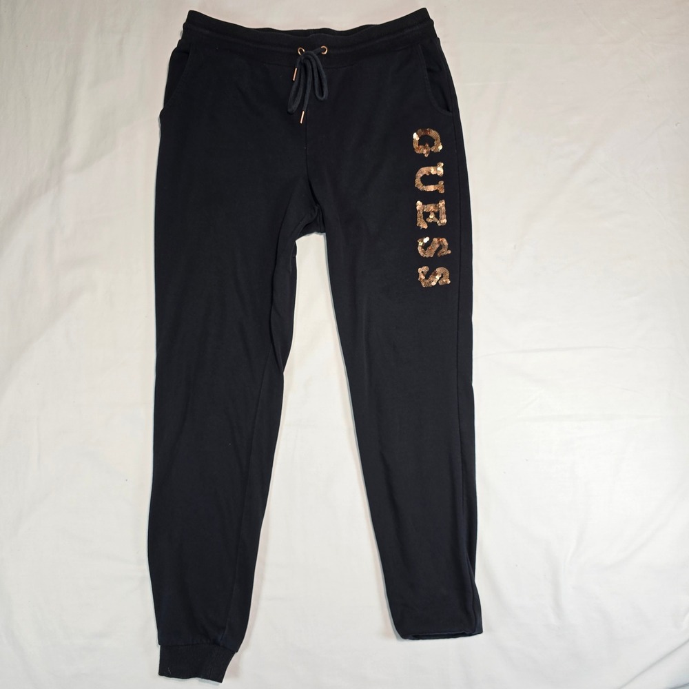 Guess Los Angeles Womens Black Sequin Logo Jogger Sweatpants R1BQ29KAECO Medium